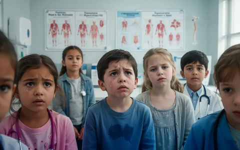Kinder in einem modern eingerichteten Arztzimmer, einige blicken nachdenklich, mit Fokus auf ihre Gesichter. - Foto: über boerse-global.de