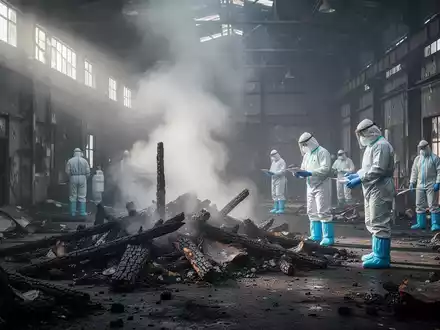 Forensiker untersuchen eine Brandstelle in einer Industriehalle mit Rauch und verkohlten Trümmern. - Foto: über boerse-global.de