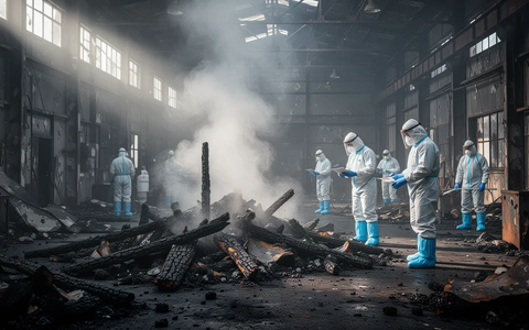 Forensiker untersuchen eine Brandstelle in einer Industriehalle mit Rauch und verkohlten Trümmern. - Foto: über boerse-global.de