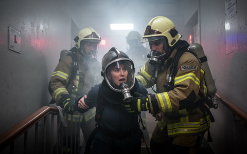 Ein Feuerwehrmann führt eine Person mit einer Rauchschutzhaube durch ein verrauchtes Treppenhaus. Rauch und Notbeleuchtung dominieren. - Foto: über boerse-global.de