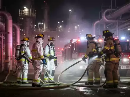 Feuerwehrleute in Schutzanzügen bei nächtlichem Einsatz in einer Industrieanlage mit Notbeleuchtung, nach einem Ammoniak-Unfall. - Foto: über boerse-global.de