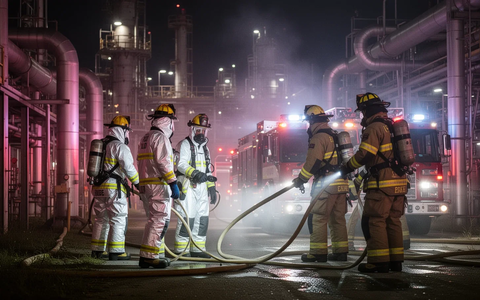 Feuerwehrleute in Schutzanzügen bei nächtlichem Einsatz in einer Industrieanlage mit Notbeleuchtung, nach einem Ammoniak-Unfall. - Foto: über boerse-global.de