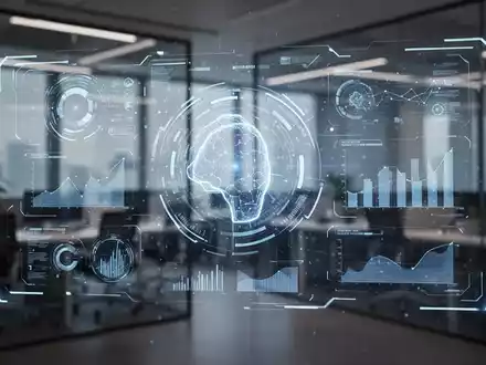 Eine futuristische KI-Schnittstelle mit leuchtenden Datenvisualisierungen in einem modernen Büro. - Foto: über boerse-global.de