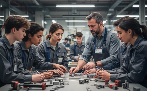 Junge Auszubildende arbeiten in einem modernen Umfeld unter Anleitung eines Mentors, symbolisierend duale Ausbildung und Fachkräftesicherung. - Foto: über boerse-global.de