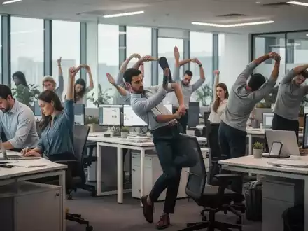 Büroangestellte führen diskrete Mikro-Übungen an ihren Schreibtischen in einem modernen Büro durch, um die Gesundheit zu fördern. - Foto: über boerse-global.de