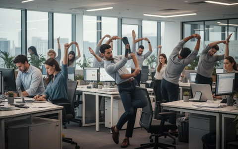 Büroangestellte führen diskrete Mikro-Übungen an ihren Schreibtischen in einem modernen Büro durch, um die Gesundheit zu fördern. - Foto: über boerse-global.de
