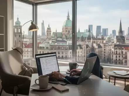 Eine Person arbeitet mit einem Laptop an einem Schreibtisch, während sie aus einem Fenster auf eine Stadtlandschaft blickt, symbolisch für Fernarbeit im Ausland. - Foto: über boerse-global.de