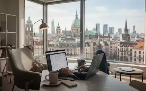 Eine Person arbeitet mit einem Laptop an einem Schreibtisch, während sie aus einem Fenster auf eine Stadtlandschaft blickt, symbolisch für Fernarbeit im Ausland. - Foto: über boerse-global.de
