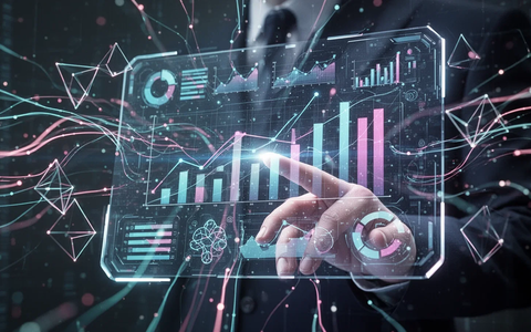 A stylized human hand interacts with a holographic screen displaying business graphs and creative design elements, symbolizing AI and data flow. - Foto: über boerse-global.de