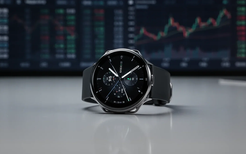 Eine schlanke, dünne Smartwatch auf einer reflektierenden Oberfläche mit unscharfem Finanzmarkt-Hintergrund. - Foto: über boerse-global.de