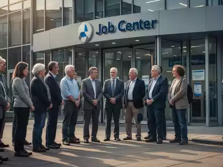 Eine Gruppe von Menschen vor einem Jobcenter, einige in Arbeitskleidung, andere lässig. Ein uniformierter Beobachter im Hintergrund. - Foto: über boerse-global.de
