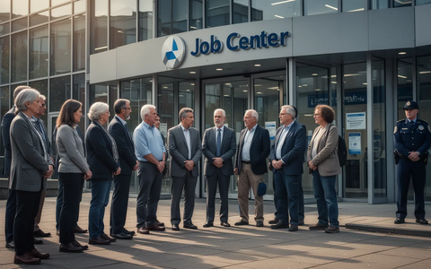 Eine Gruppe von Menschen vor einem Jobcenter, einige in Arbeitskleidung, andere lässig. Ein uniformierter Beobachter im Hintergrund. - Foto: über boerse-global.de