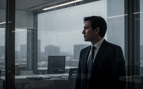 Eine nachdenkliche Geschäftsperson blickt aus einem Fenster, während Regen die Scheibe eines modernen Büros hinunterläuft. - Foto: über boerse-global.de