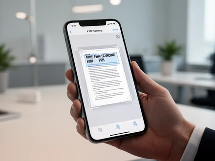 Ein modernes iPhone zeigt eine PDF-Scan-Oberfläche, gehalten von einer Hand in einem minimalistischen Büro. Symbolisiert neue iOS-Funktion. - Foto: über boerse-global.de