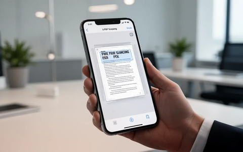 Ein modernes iPhone zeigt eine PDF-Scan-Oberfläche, gehalten von einer Hand in einem minimalistischen Büro. Symbolisiert neue iOS-Funktion. - Foto: über boerse-global.de