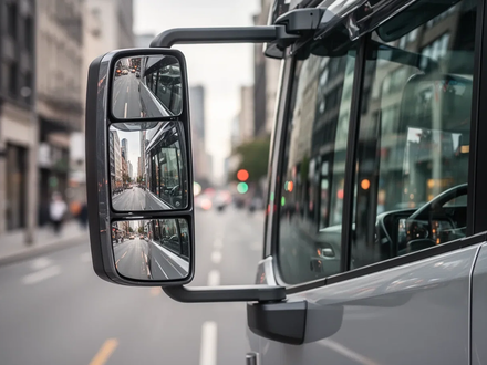 Nahaufnahme des Front- und Seitenspiegels eines Lastwagens, die eine verschwommene urbane Straßenszene widerspiegeln. - Foto: über boerse-global.de