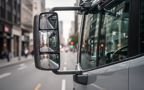 Nahaufnahme des Front- und Seitenspiegels eines Lastwagens, die eine verschwommene urbane Straßenszene widerspiegeln. - Foto: über boerse-global.de