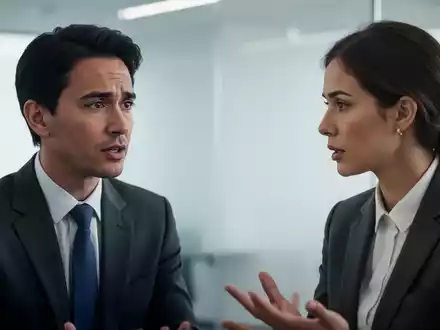 Zwei Geschäftsleute in einem modernen Büro; eine Person spricht ruhig, die andere hört aufmerksam zu. Ihre Körpersprache deutet auf Deeskalation und Verständnis hin. - Foto: über boerse-global.de