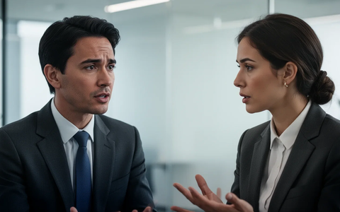 Zwei Geschäftsleute in einem modernen Büro; eine Person spricht ruhig, die andere hört aufmerksam zu. Ihre Körpersprache deutet auf Deeskalation und Verständnis hin. - Foto: über boerse-global.de