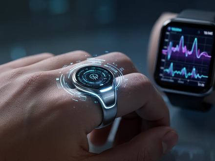 Ein futuristischer, eleganter Smart Ring an einer Hand, der subtil mit digitalen Gesundheitsdaten-Visualisierungen leuchtet. Im Hintergrund eine Smartwatch. - Foto: über boerse-global.de