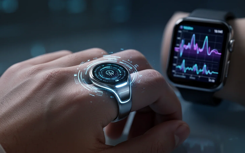 Ein futuristischer, eleganter Smart Ring an einer Hand, der subtil mit digitalen Gesundheitsdaten-Visualisierungen leuchtet. Im Hintergrund eine Smartwatch. - Foto: über boerse-global.de