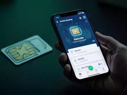 Nahaufnahme einer Hand, die ein Smartphone mit einer Banking-App hält, im Hintergrund eine verlorene SIM-Karte. Symbolisiert Mobile-Banking-Betrug. - Foto: über boerse-global.de