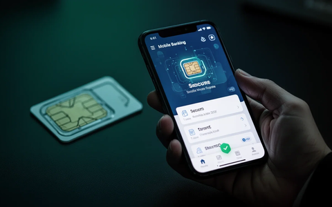 Nahaufnahme einer Hand, die ein Smartphone mit einer Banking-App hält, im Hintergrund eine verlorene SIM-Karte. Symbolisiert Mobile-Banking-Betrug. - Foto: über boerse-global.de