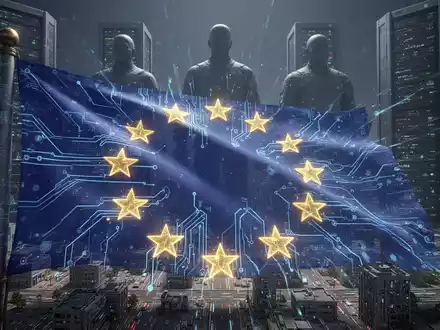 Eine riesige, leuchtende EU-Flagge aus Schaltkreisen und Datenströmen überragt schemenhafte, monolithische Server-Figuren und eine Stadt. - Foto: über boerse-global.de