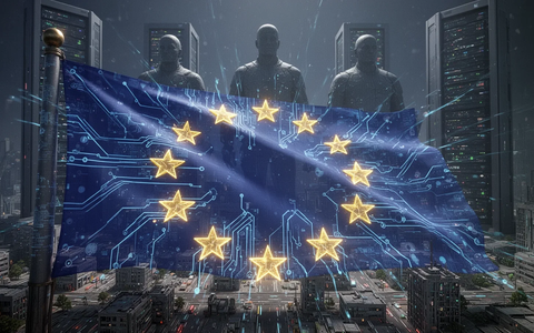 Eine riesige, leuchtende EU-Flagge aus Schaltkreisen und Datenströmen überragt schemenhafte, monolithische Server-Figuren und eine Stadt. - Foto: über boerse-global.de