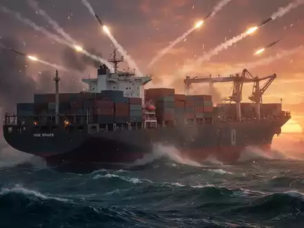 Ein Containerschiff auf stürmischer See bei Sonnenuntergang, umgeben von Rauch und Raketenspuren, die auf eine Eskalation hindeuten. - Foto: über boerse-global.de