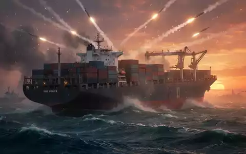 Ein Containerschiff auf stürmischer See bei Sonnenuntergang, umgeben von Rauch und Raketenspuren, die auf eine Eskalation hindeuten. - Foto: über boerse-global.de