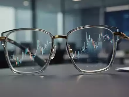 Eine Nahaufnahme einer modernen Brillenfassung, die eine subtile Finanzgrafik auf dem Glas widerspiegelt, im Kontext eines Büros. - Foto: über boerse-global.de