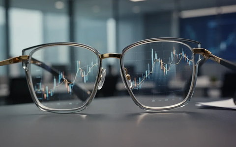 Eine Nahaufnahme einer modernen Brillenfassung, die eine subtile Finanzgrafik auf dem Glas widerspiegelt, im Kontext eines Büros. - Foto: über boerse-global.de