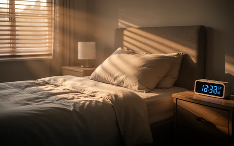 Ein ruhiges Schlafzimmer bei Sonnenaufgang, sanftes Licht fällt durch Jalousien auf ein gemachtes Bett und einen digitalen Wecker. - Foto: über boerse-global.de