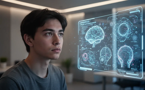 Eine junge Person blickt nachdenklich auf eine holografische KI-Oberfläche, die abstrakte Visualisierungen zeigt. - Foto: über boerse-global.de