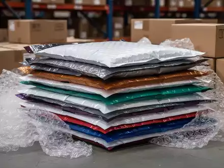 Ein Stapel Luftpolstertaschen in verschiedenen Größen und Farben mit losem Luftpolsterfolie und Versandkartons im Hintergrund. - Foto: über boerse-global.de