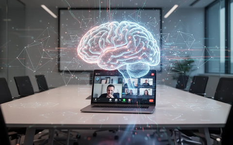 A glowing, stylized AI brain network emanating from a laptop on a modern conference table, symbolizing AI productivity tools. - Foto: über boerse-global.de