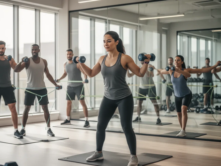 Menschen trainieren in einem modernen Fitnessstudio mit Hanteln und Widerstandsbändern, fokussiert und motiviert. - Foto: über boerse-global.de