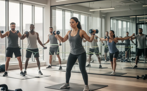 Menschen trainieren in einem modernen Fitnessstudio mit Hanteln und Widerstandsbändern, fokussiert und motiviert. - Foto: über boerse-global.de