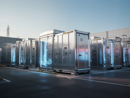Große Batteriespeicheranlage mit Reihen von modularen Einheiten in einem Industriegebiet unter blauem Himmel, symbolisiert Energiesicherheit. - Foto: über boerse-global.de