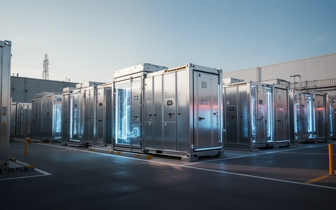 Große Batteriespeicheranlage mit Reihen von modularen Einheiten in einem Industriegebiet unter blauem Himmel, symbolisiert Energiesicherheit. - Foto: über boerse-global.de