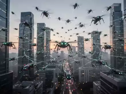 A swarm of bio-inspired robots, resembling insects or drones, flying in a coordinated pattern over a futuristic cityscape at dusk. - Foto: über boerse-global.de