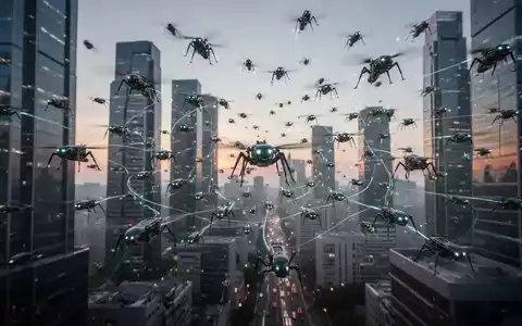 A swarm of bio-inspired robots, resembling insects or drones, flying in a coordinated pattern over a futuristic cityscape at dusk. - Foto: über boerse-global.de