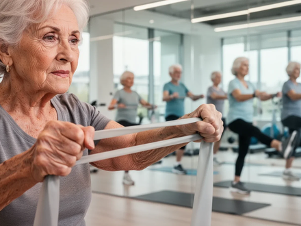 Eine ältere Frau macht Beinübungen mit einem Widerstandsband, im Hintergrund andere Senioren beim Training. - Foto: über boerse-global.de