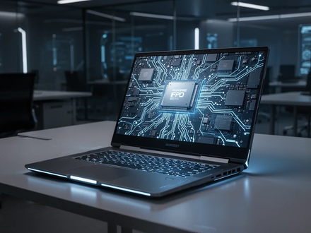 A futuristic, glowing laptop open on a dark desk, revealing internal components and circuit board, symbolizing advanced technology and high cost. - Foto: über boerse-global.de