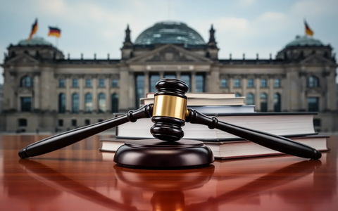 Ein stilisierter, moderner Hammer ruht auf einem Stapel Gesetzestexte auf einem polierten Holztisch. Im Hintergrund ist ein leicht verschwommenes deutsches Parlamentsgebäude zu sehen. - Foto: über boerse-global.de