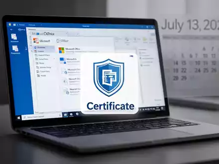 A digital certificate icon over a laptop screen showing Microsoft Office applications, with a date 'July 13, 2026' in the background. - Foto: über boerse-global.de