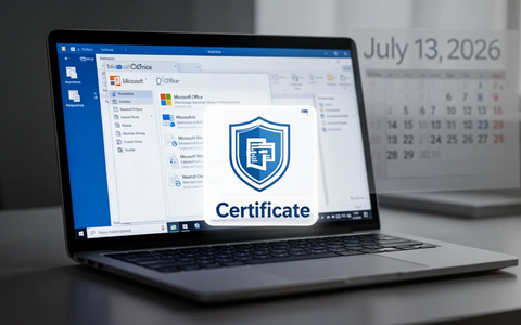 A digital certificate icon over a laptop screen showing Microsoft Office applications, with a date 'July 13, 2026' in the background. - Foto: über boerse-global.de