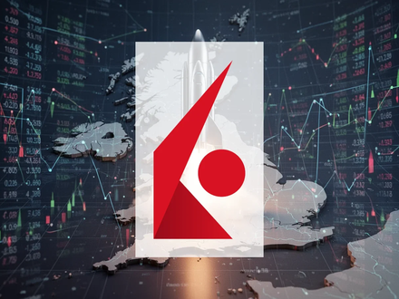 Eine Rakete startet von einer stilisierten UK-Karte, umgeben von digitalen Finanzdaten. Symbolisiert den SpaceX-IPO für UK-Kunden. - Foto: über boerse-global.de