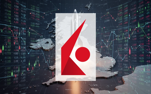 Eine Rakete startet von einer stilisierten UK-Karte, umgeben von digitalen Finanzdaten. Symbolisiert den SpaceX-IPO für UK-Kunden. - Foto: über boerse-global.de